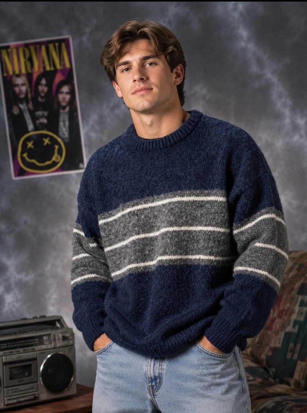 Authentic Issue Vintage Men’s Wool Sweater XL Blue Gray Ski Winter Preppy 90’s